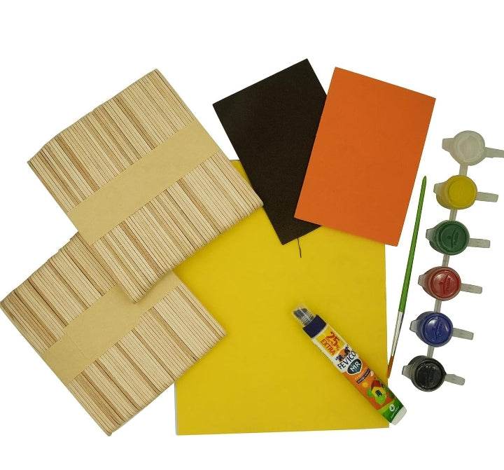 Ekta Candy Craft kit for kids with colorful paints, paintbrush, glue, craft sticks, and colored paper sheets
