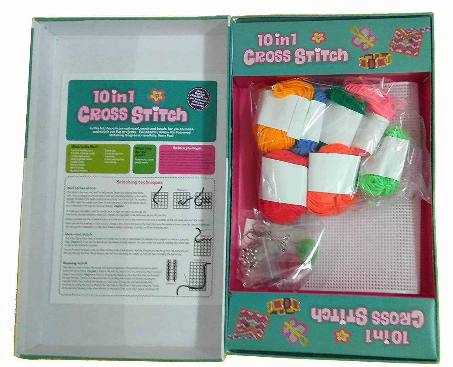 Ekta 10 in 1 cross stitch craft kit for girls with colorful threads and plastic canvas for DIY projects