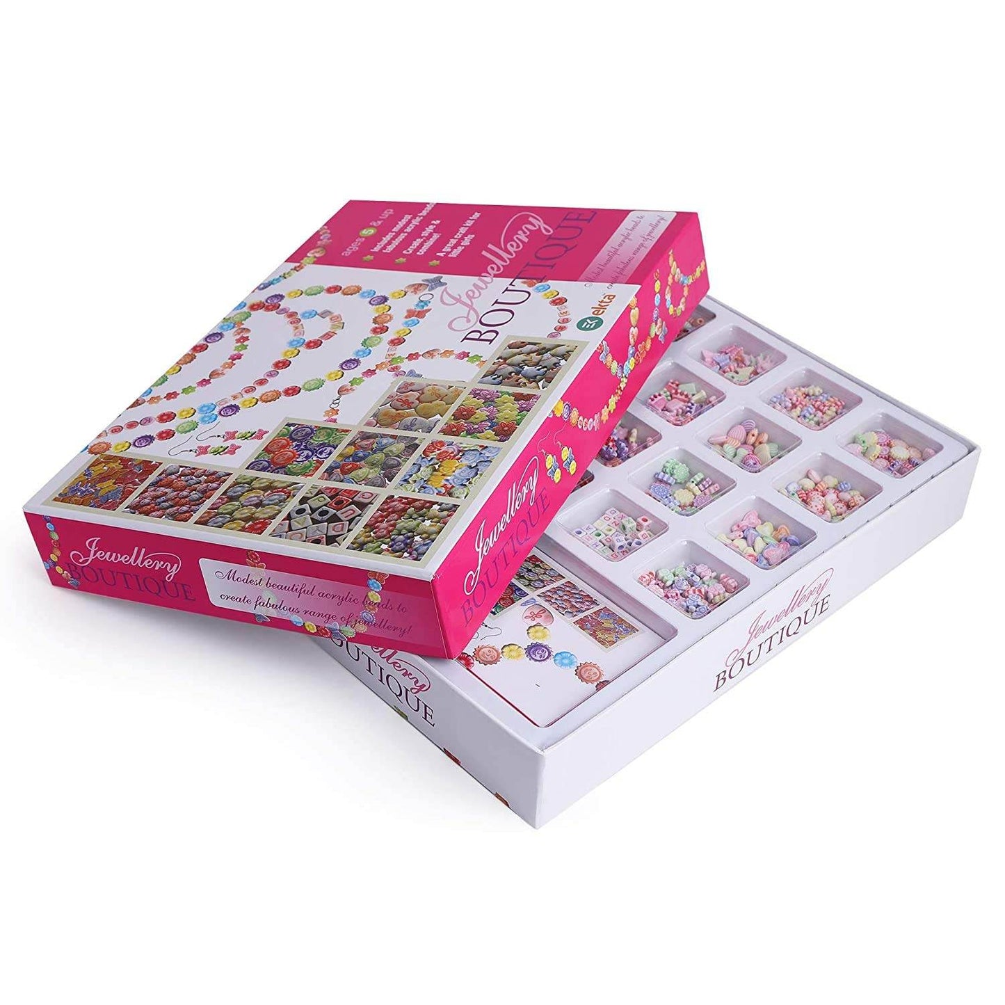 T-Rex the Toyland Sitamarhi kids jewelry making kit with colorful beads and accessories in a pink and white box