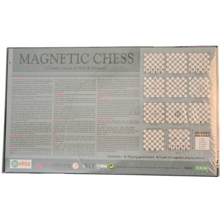 Ekta magnetic chess board for kids showing game instructions and different board setups on packaging