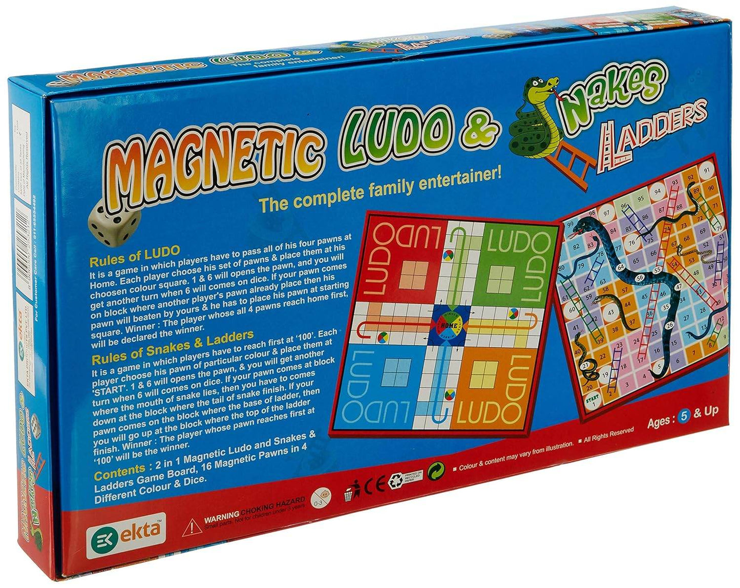 Ekta magnetic ludo snakes and ladders board game with colorful playing boards and detailed game rules on box