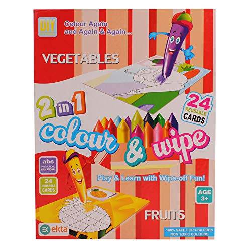 Ekta DIY reusable coloring activity set for kids with 24 wipeable cards featuring fruits and vegetables