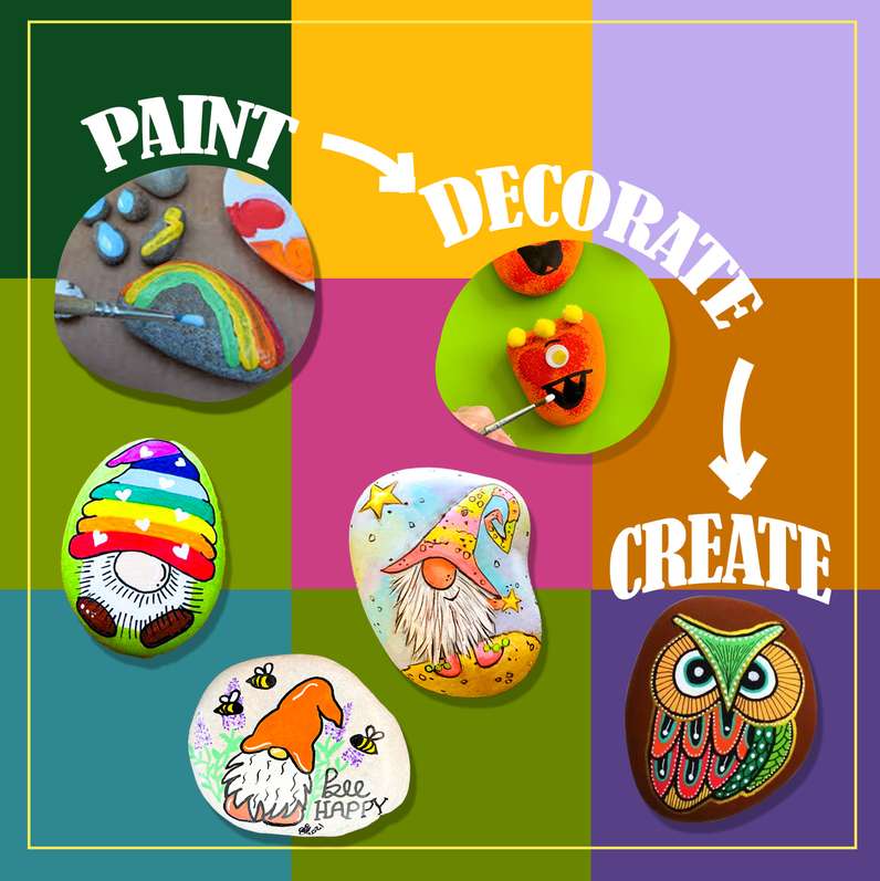 Colorful painted rocks including a rainbow, monster, gnome, and owl in a rock painting kit for kids