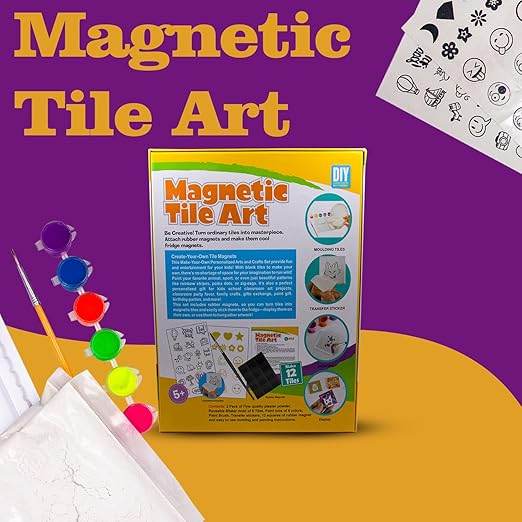 Magnetic tile art kit for kids with colorful paints, paintbrush, and DIY activity sheet on purple and yellow background