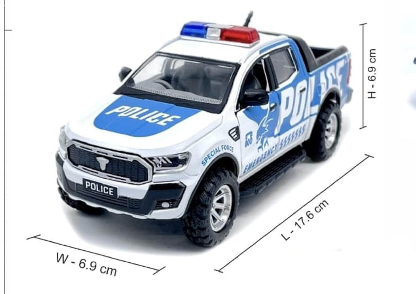 Blue police pickup truck toy with realistic details and red and blue siren lights