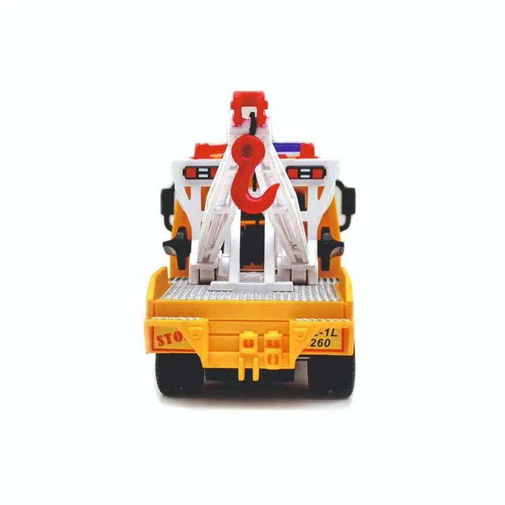 Yellow and white emergency squad toy truck for kids with red hook and detailed design front view