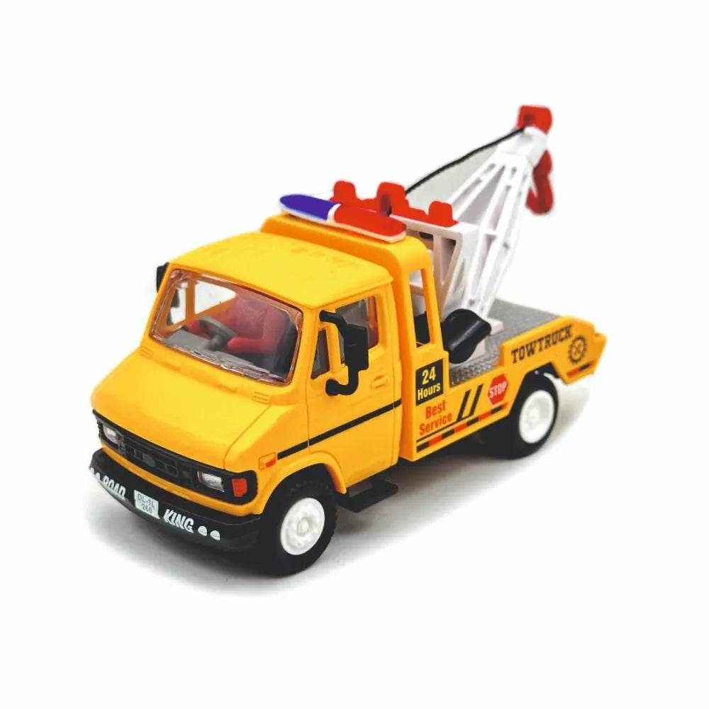Yellow emergency squad toy truck for kids with detailed tow truck design and red hook