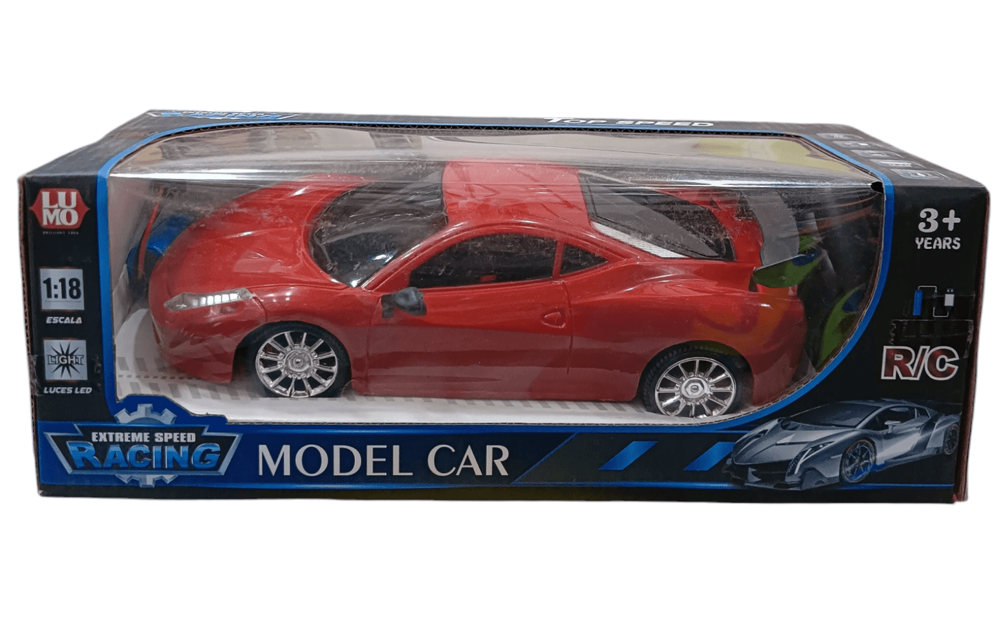 Red extreme speed racing model car toy with remote control in black and blue packaging