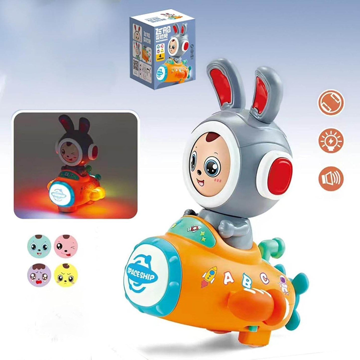 Face changing rabbit musical toy in spaceship design with colorful lights and multiple face options