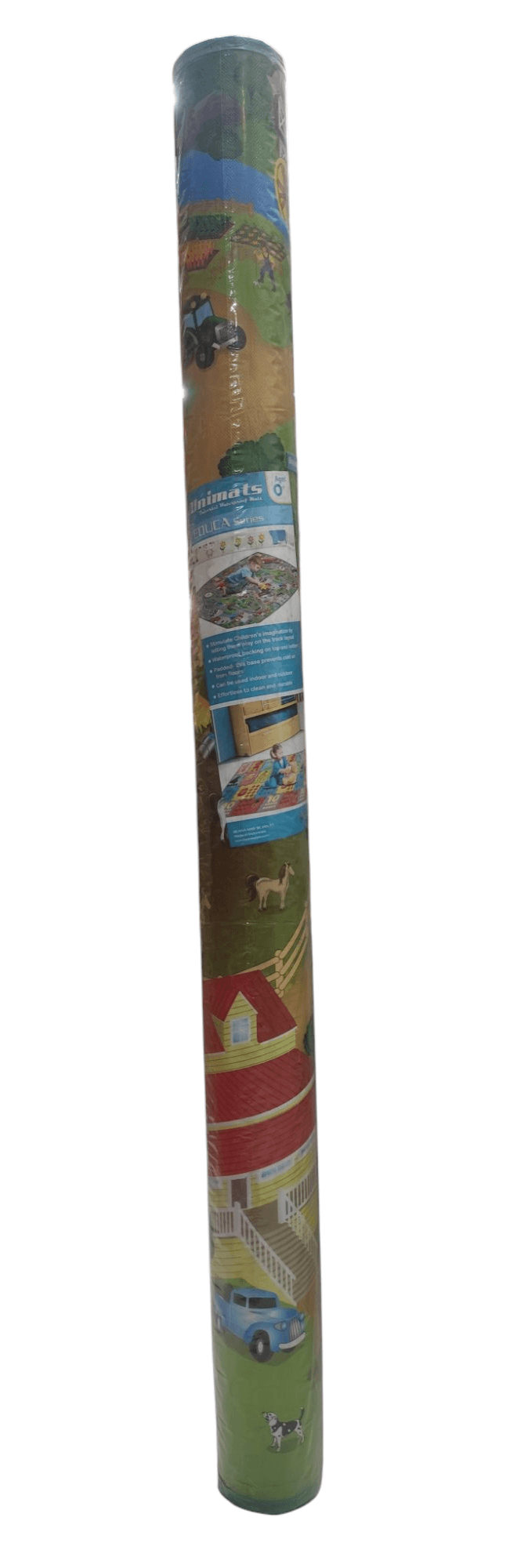 Unimates farm themed baby mat rolled up with colorful farm illustrations and animals