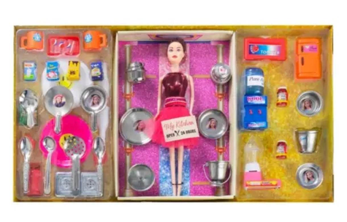 Fashion girl doll with kitchen set including utensils pots pans and pretend food accessories