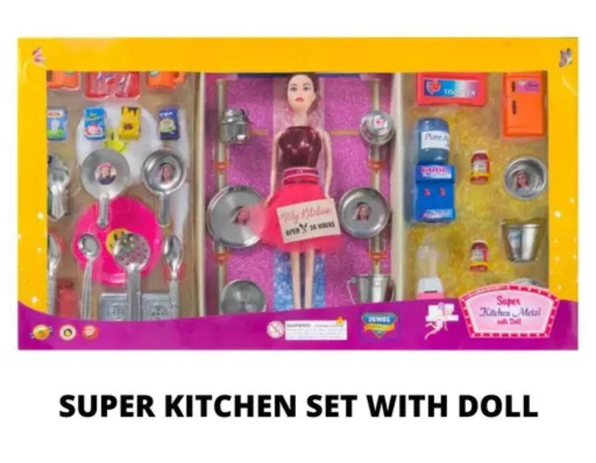 Fashion girl doll with kitchen set including utensils and miniature food items in colorful packaging