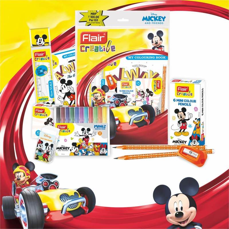 Disney Mickey Mouse stationery kit for kids including coloring book, color pencils, sharpener, and eraser