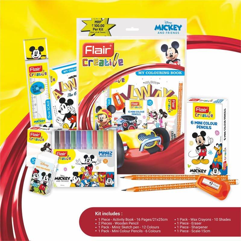 Disney Mickey Mouse stationery kit for kids including color pencils, crayons, sharpener, eraser, wooden pencils, and activity book