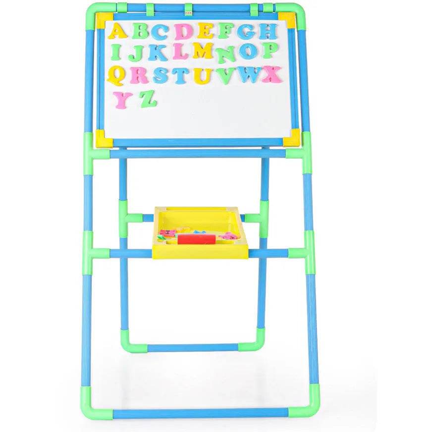 Prem Ratan flexi easel with 2in1 magnetic whiteboard and chalkboard featuring colorful alphabet magnets