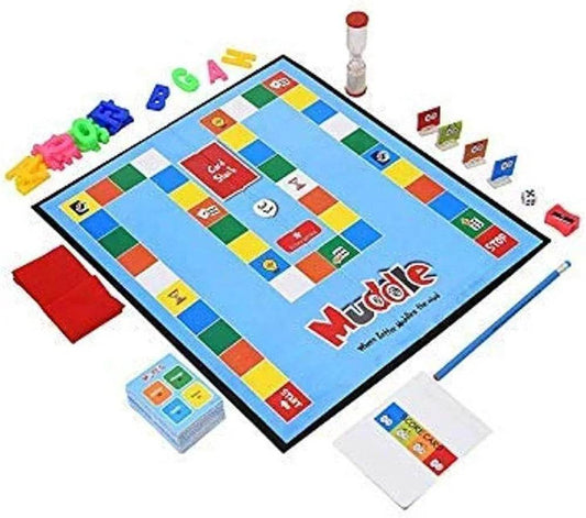 Muddle board game for kids by Folks work including colorful game board, cards, timer, flags, and letter pieces