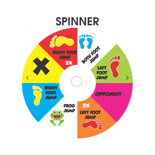 Colorful spinner for Folks work jump game for kids with various jump instructions and playful frog icon