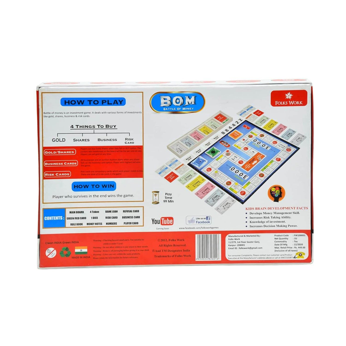 Battle of Money board game by Folks Work showing game instructions and components on the back of the box