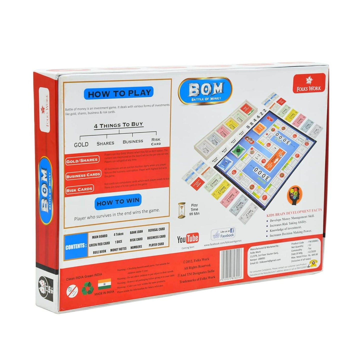 Battle of Money board game by Folks Work showing game box back with instructions and game layout