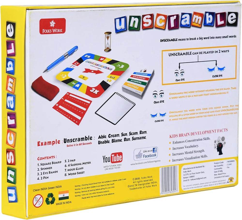 Folks Work unscramble board game for kids with colorful square board and game accessories