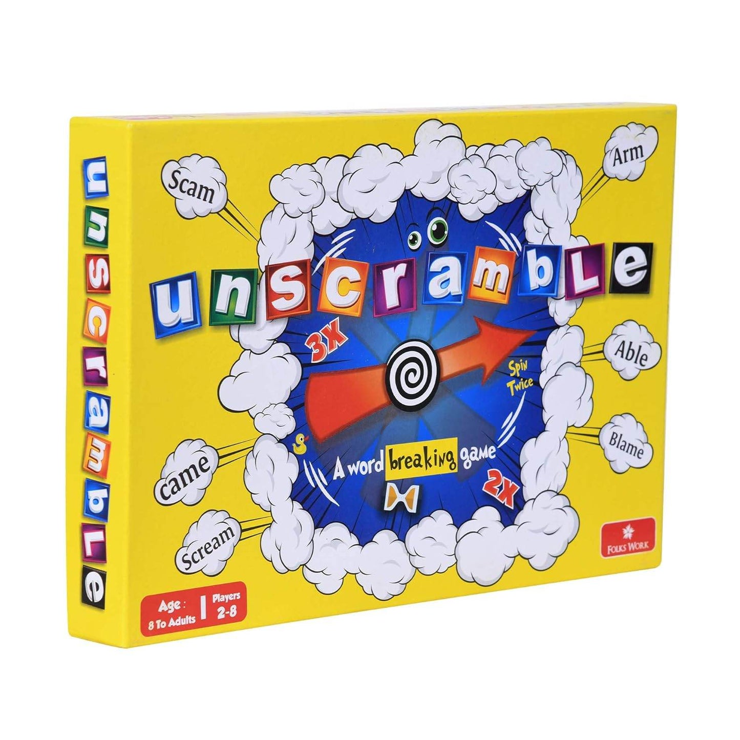 Folks Work unscramble board game for kids with colorful letters and word puzzles on yellow box