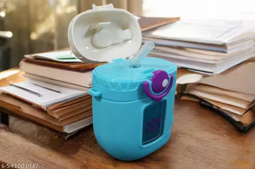 Blue container with a purple handle on a wooden surface