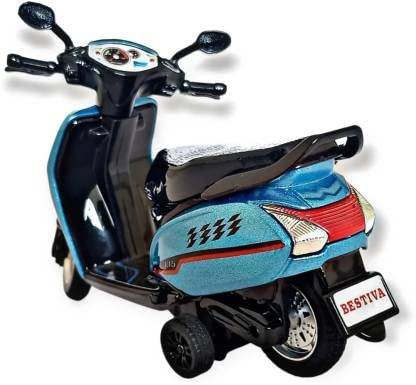 Blue and black pull back scooty toy for kids with realistic design and rear wheels