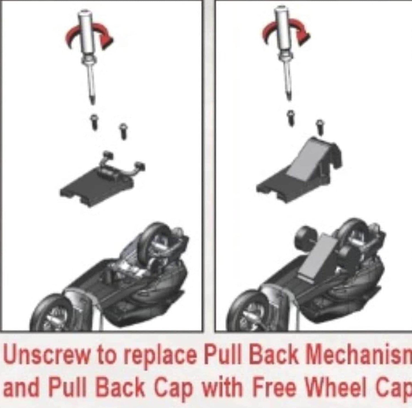 Diagram showing how to unscrew and replace pull back mechanism and cap on pull back scooty toy for kids