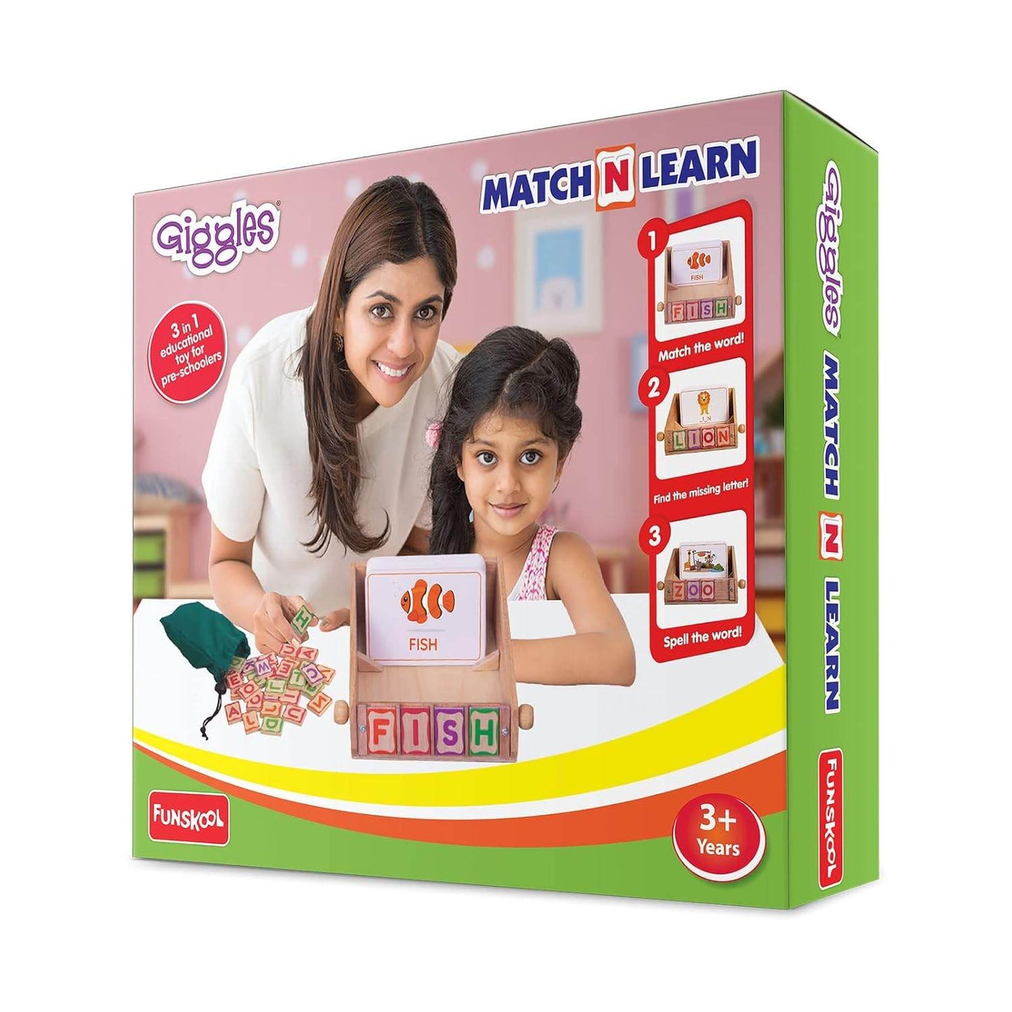 Colorful educational children's toy for kids 3 years and up, featuring matching game and spelling fun