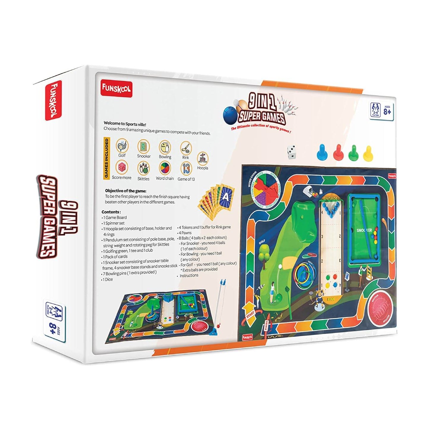Funskool 9 in 1 board game set with colorful game pieces and multi-game sports design for kids 8 plus