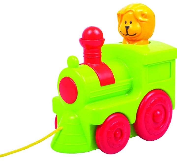 Funskool bright green and red animal pull along toy train with a yellow lion figure on top