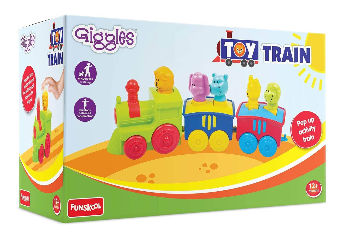 Funskool Giggles colorful animal pull along toy train with pop up animal figures for toddlers