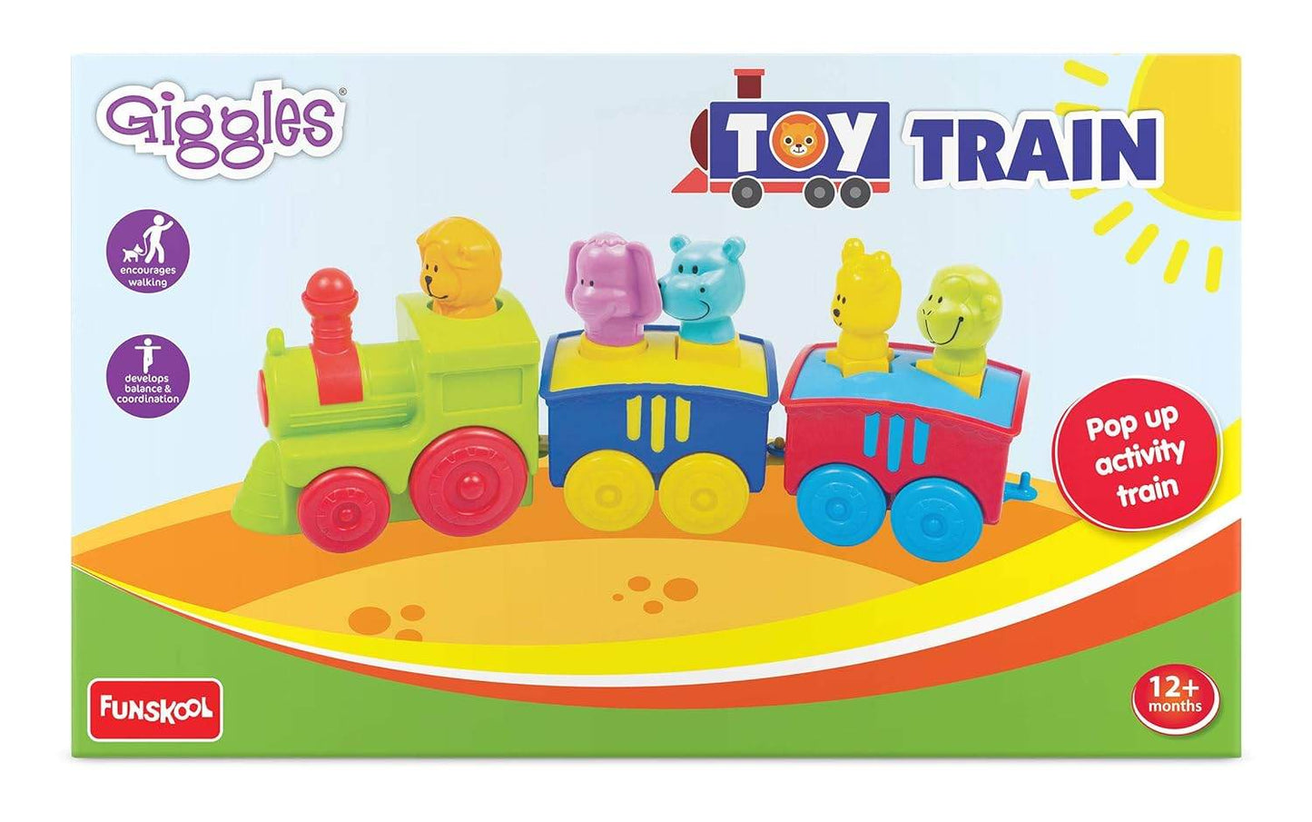 Funskool animal pull along toy train with colorful animal figures and pop up activity features