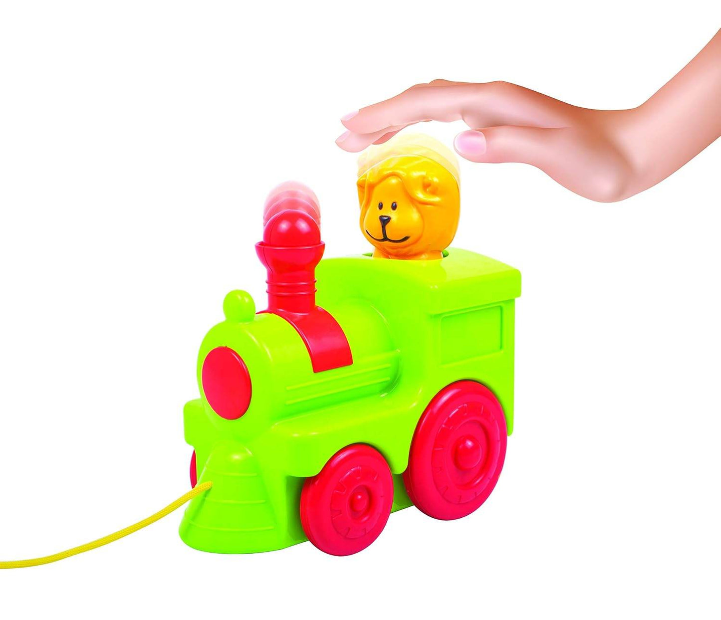 Funskool bright green and red animal pull along toy train with a lion figure and yellow string