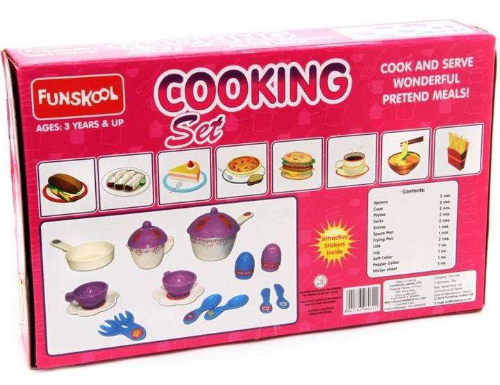 Funskool cooking toy set for children with pots, pans, utensils, and pretend food for ages 3 and up