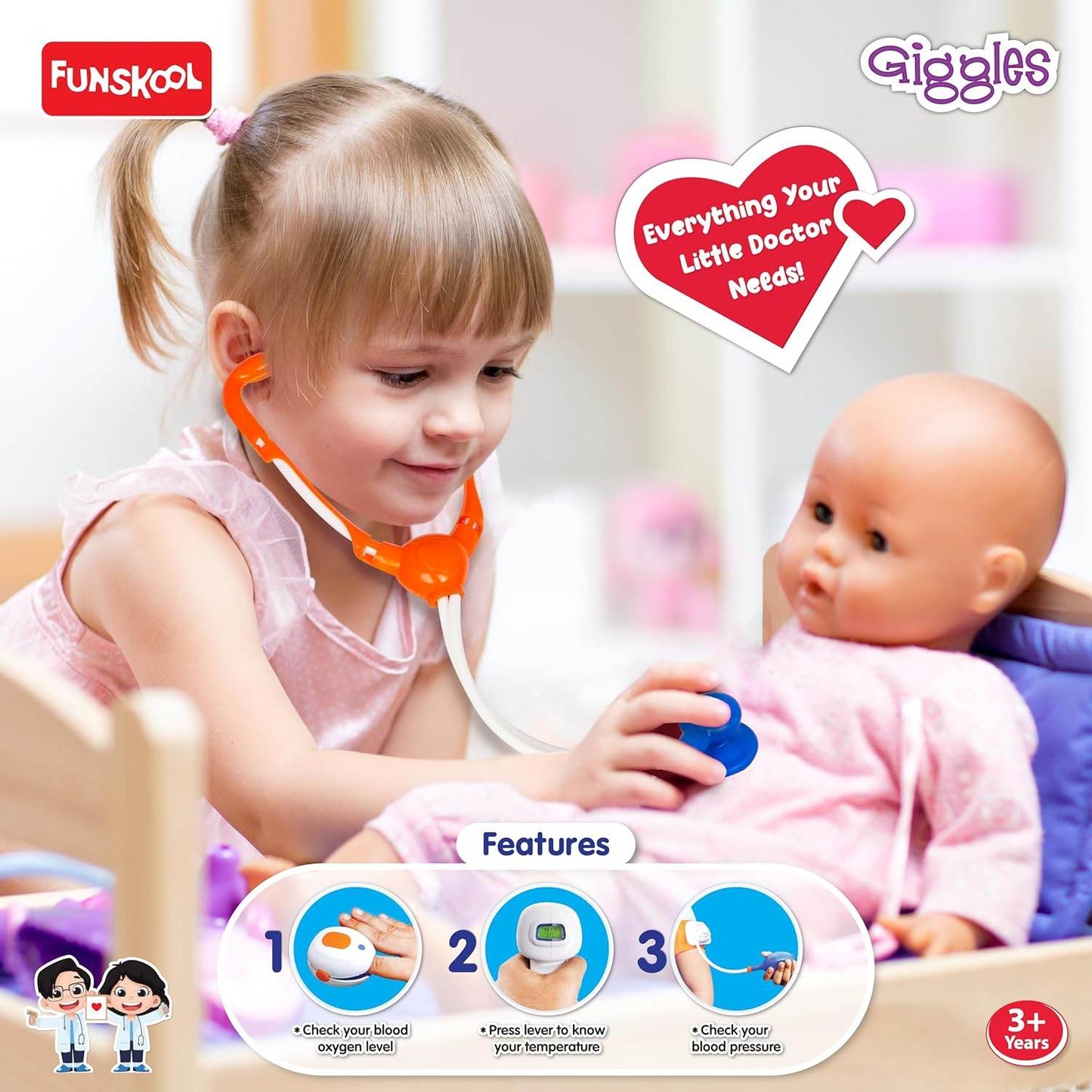 Child playing with Funskool doctor play set for kids examining baby doll with stethoscope