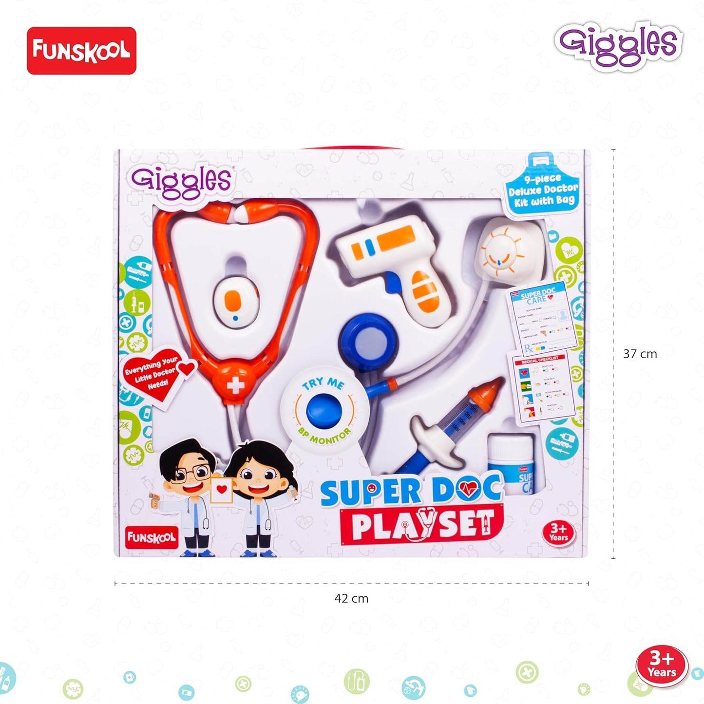 Funskool Giggles Deluxe 9-piece doctor play set for kids with stethoscope and medical tools in a box