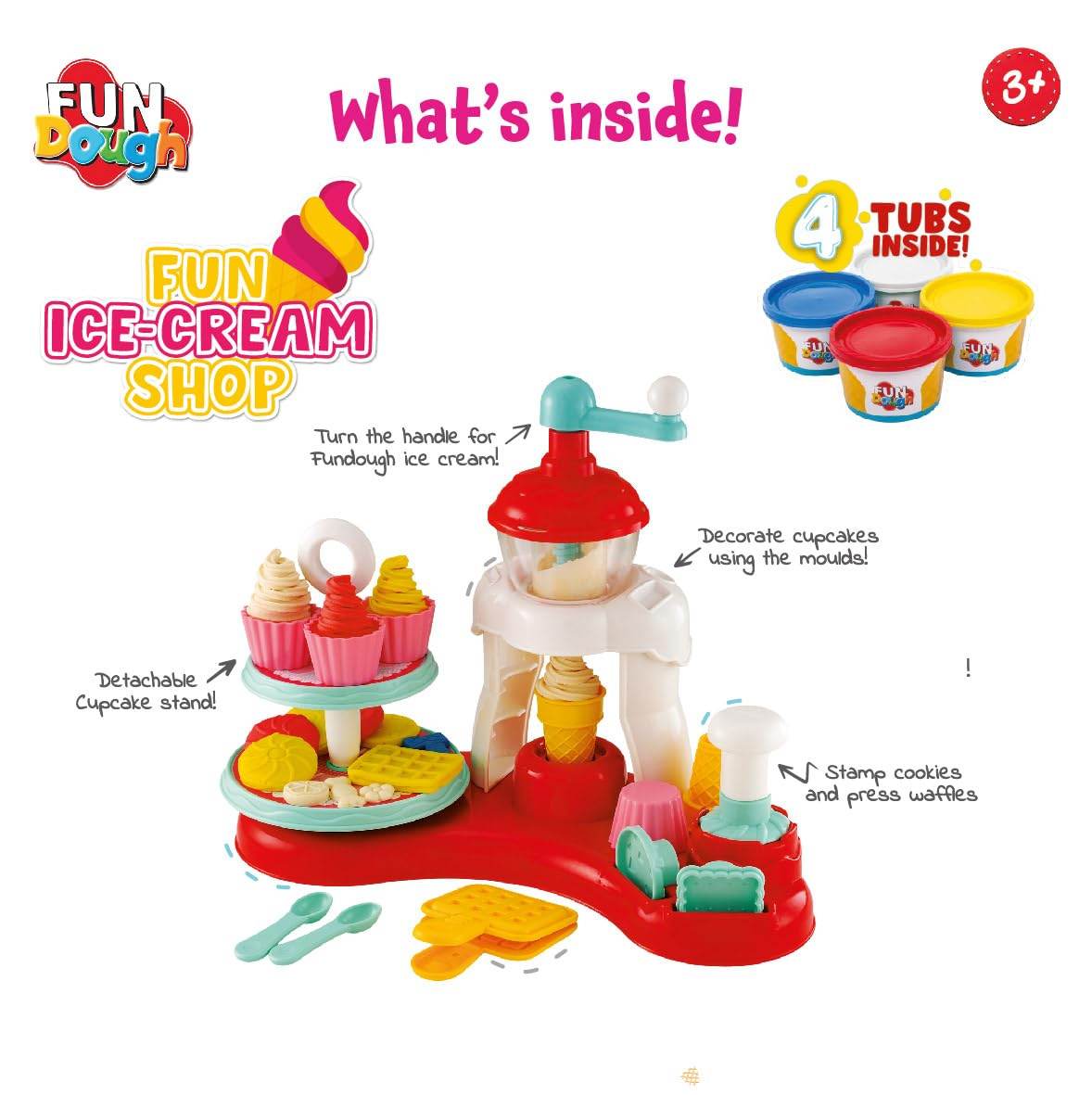 Funskool Fundough ice cream shop playset with detachable cupcake stand and four tubs of dough for creative play