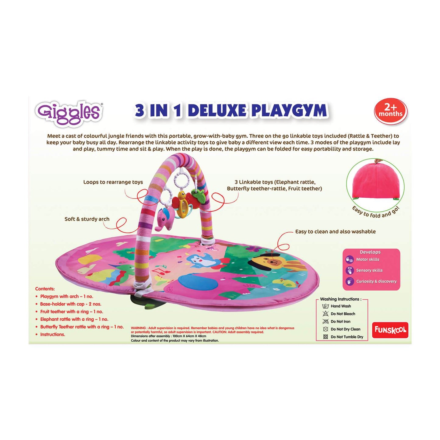 Funskool Giggles - Deluxe Play Gym, Pink Colour Activity Playgym, 3 in 1 Modes of Play, with Arch and 3 Toys, Easy to Clean and wash, for 2 Month + Upto 6 Months. - T-Rex the toyland Sitamarhi