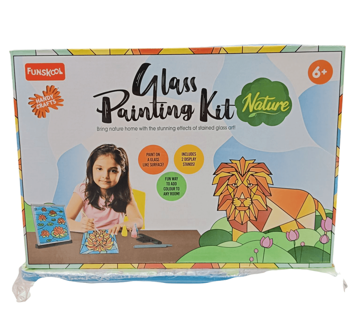 Funskool glass painting kit for kids with lion design and two display stands for creative art
