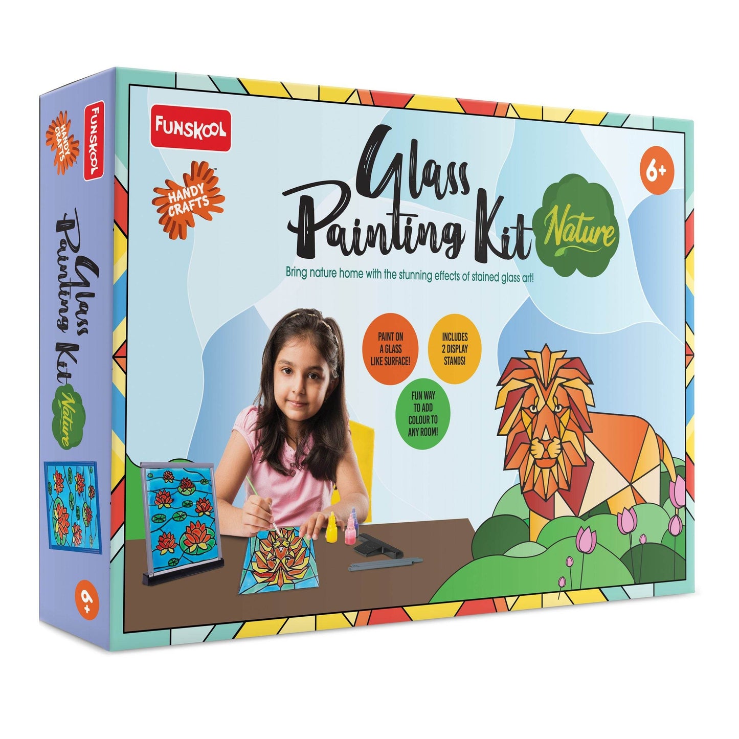 Funskool Glass painting kit for kids with nature-themed lion design and 2 super shimmer paints for ages 6 plus