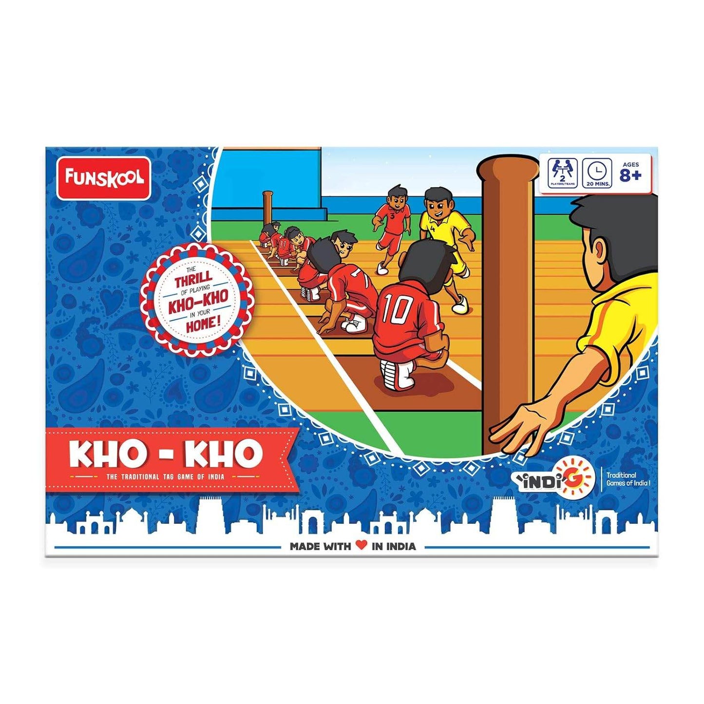 Funskool Kho Kho board game box featuring colorful illustration of players and traditional Indian sport design