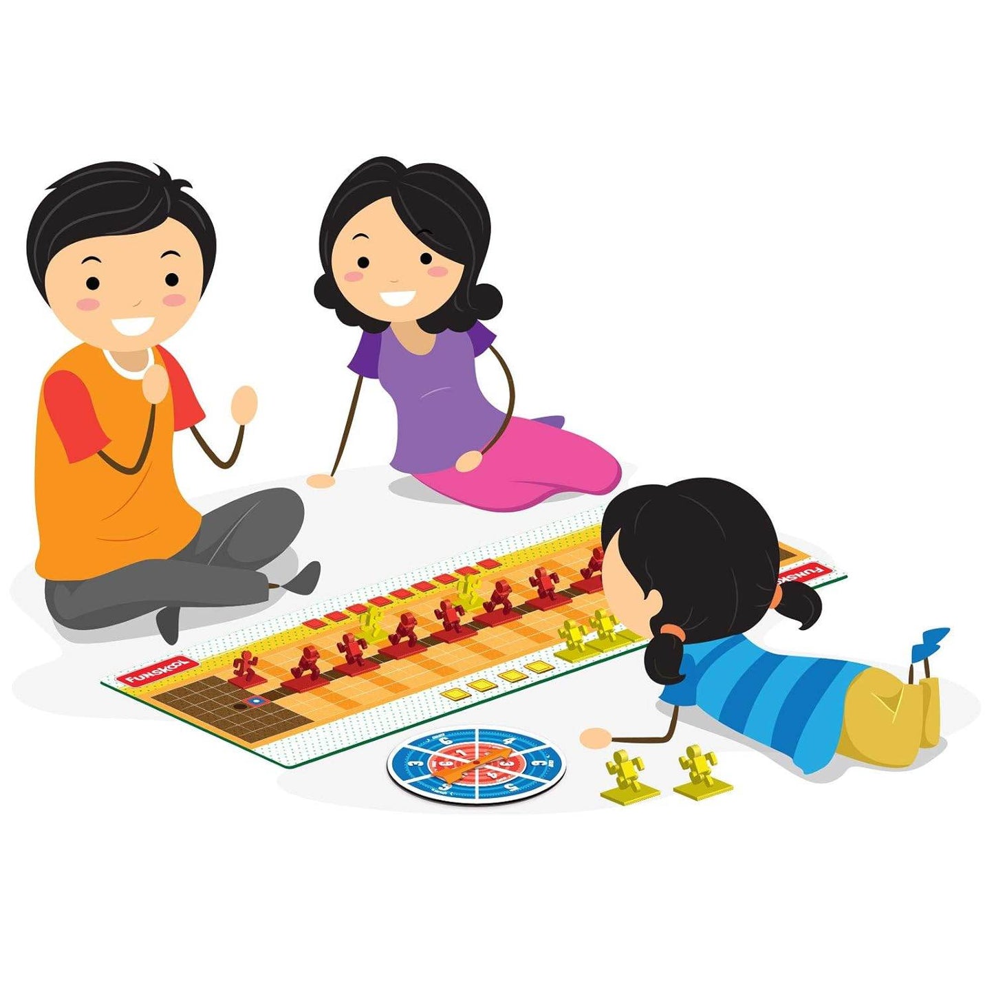 Children playing Kho Kho board game with colorful pieces and game spinner on white background