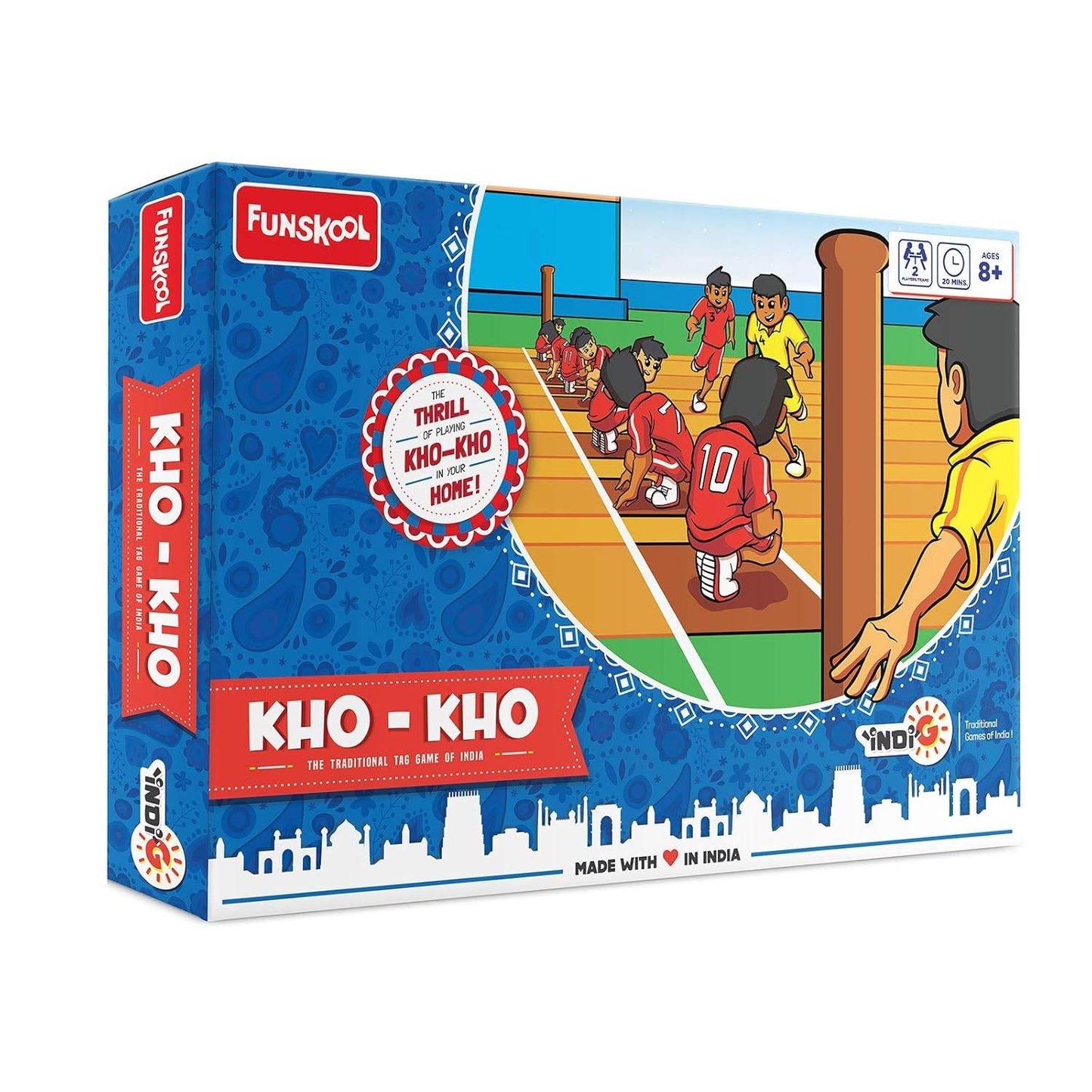 Funskool Kho Kho board game box featuring players in action with colorful packaging for ages 8 and up