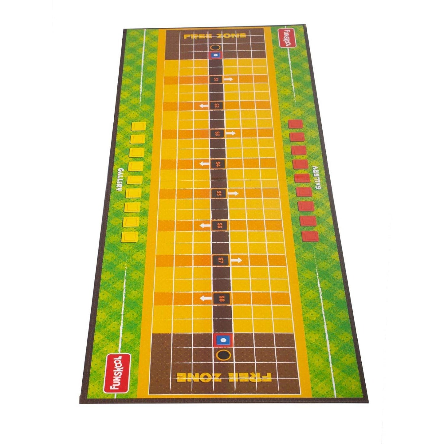 Colorful Kho Kho board game mat with marked zones and player positions on a green and yellow background