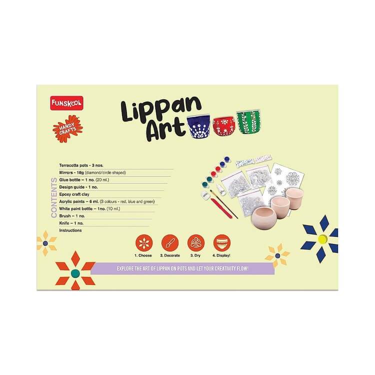 Lippan art kit for kids including terracotta pots, paint, brushes, and design stencils by T-Rex the toyland Sitamarhi