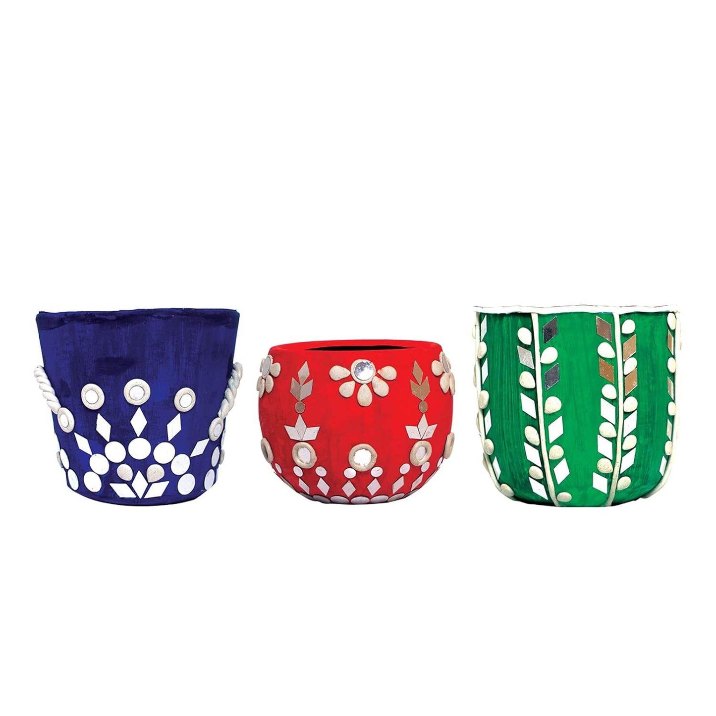 Colorful handcrafted decorative pots from Lippan art kit for kids featuring traditional mirror and clay designs