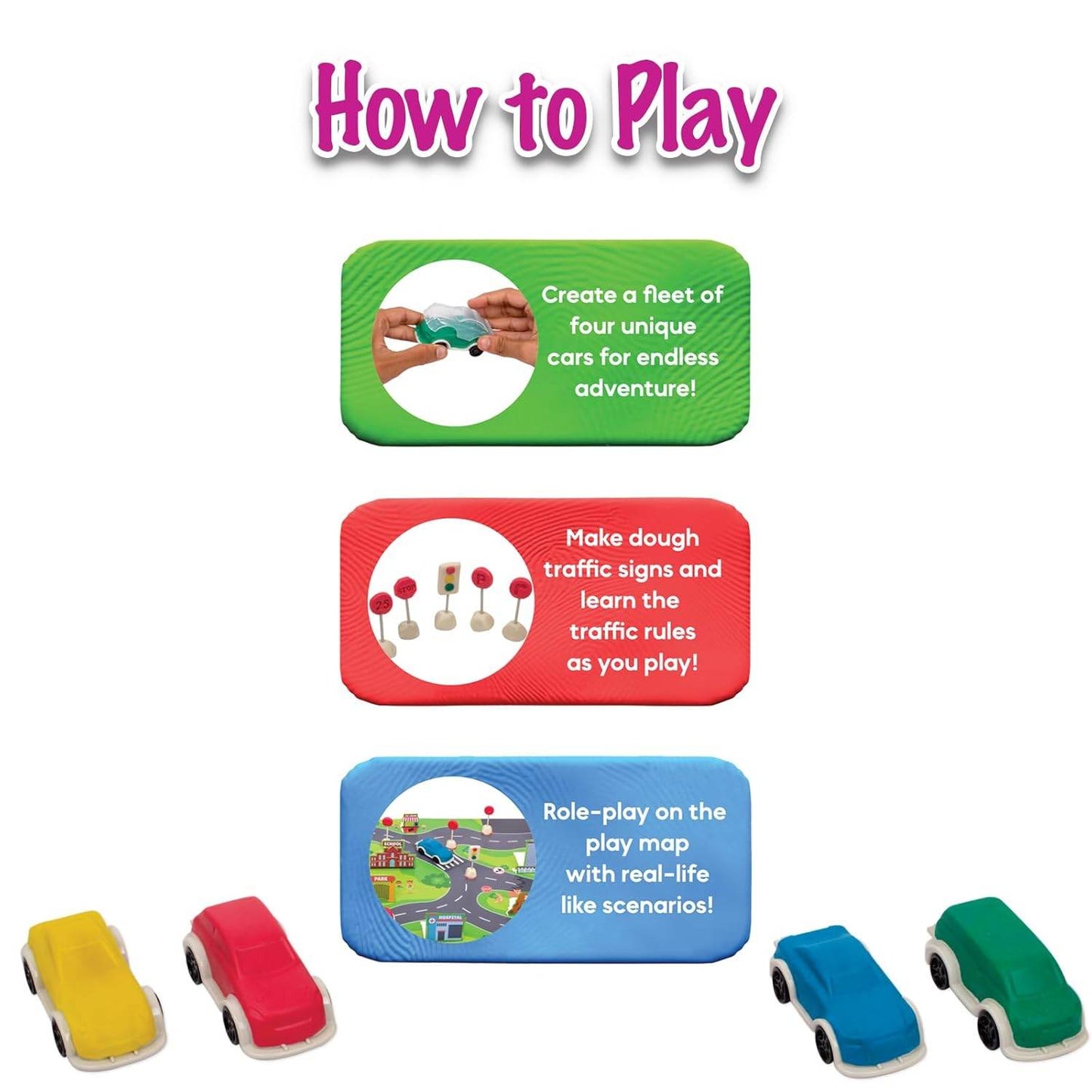 Instructions for road explorer dough kit for kids showing car creation, dough traffic signs, and role-play map scenarios
