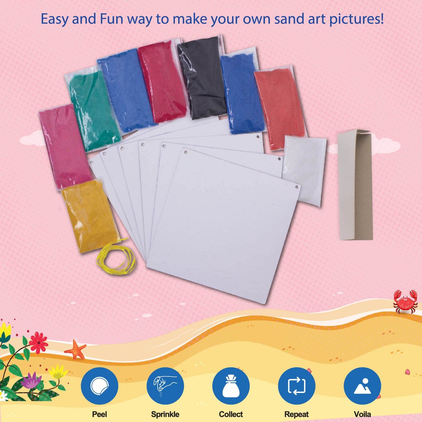 Funskool sand art kit for kids with colorful sand packets and blank art boards for creative crafting