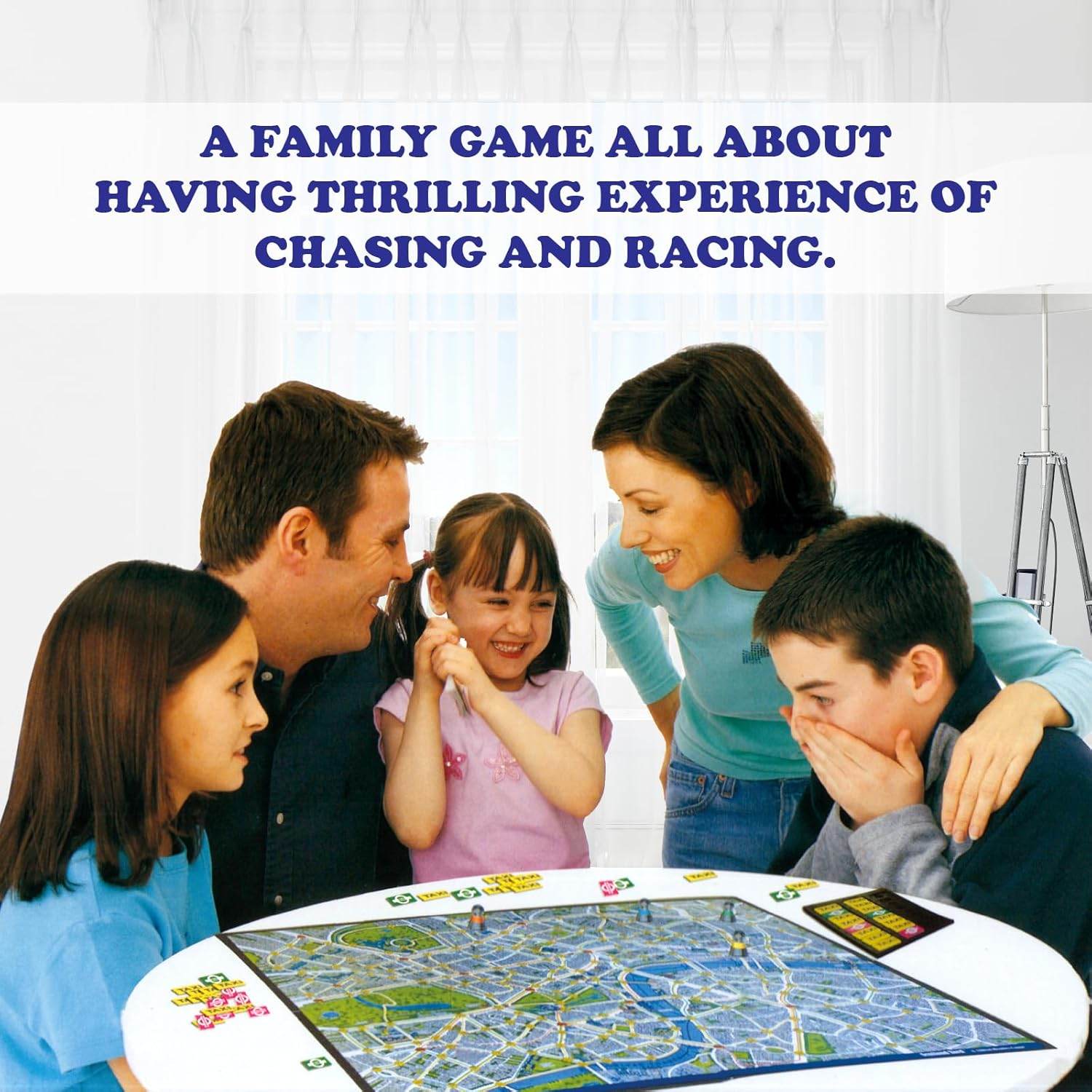 Family playing Scotland Yard detective board game with map and pieces on white table indoors
